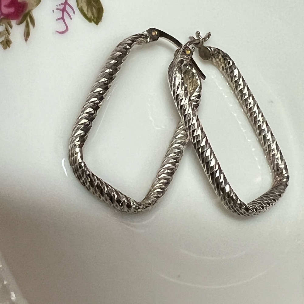 Sterling Silver Lever Back Rectangular Hoop Earri… - image 4